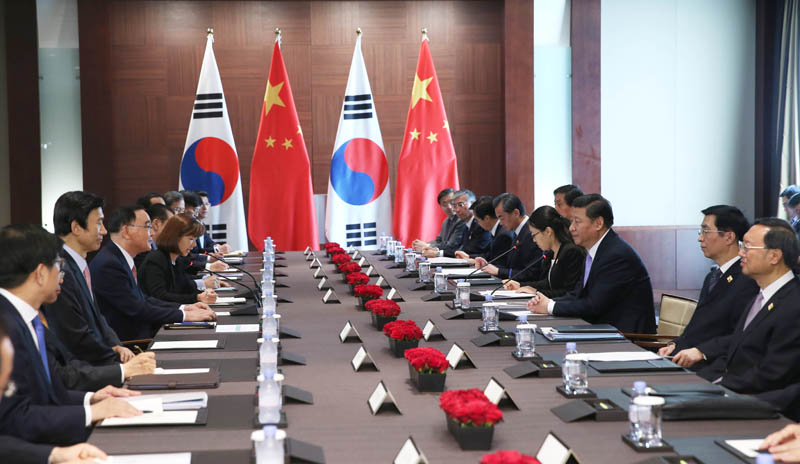 7月4日，國家主席習(xí)近平在首爾會見韓國總理鄭烘原。 新華社記者 謝環(huán)馳攝