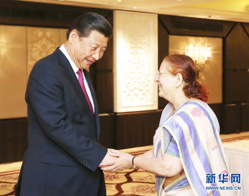9月19日，國(guó)家主席習(xí)近平在新德裡會(huì)見(jiàn)印度人民院議長(zhǎng)馬哈詹。新華社記者姚大偉攝