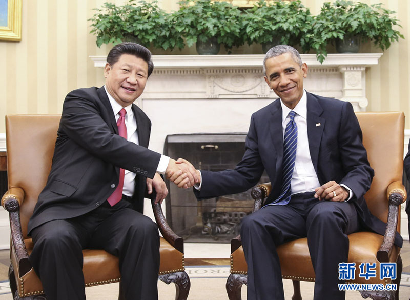 9月25日，中國國家主席習(xí)近平在華盛頓白宮同美國總統(tǒng)奧巴馬舉行小范圍會談。 新華社記者蘭紅光攝