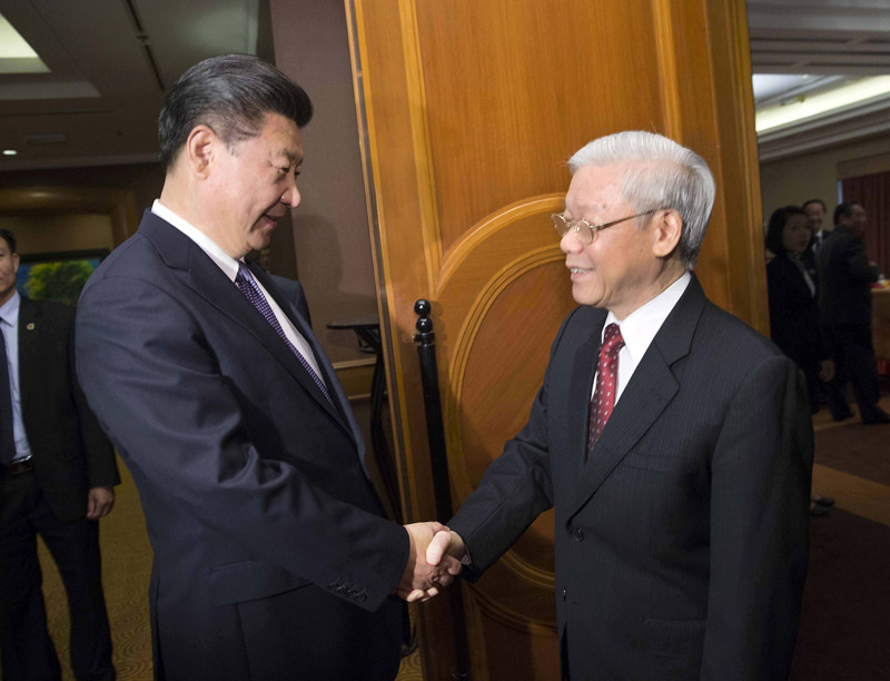 11月6日，中共中央總書記、國家主席習(xí)近平在河內(nèi)再次會見越共中央總書記阮富仲。新華社記者 蘭紅光 攝
