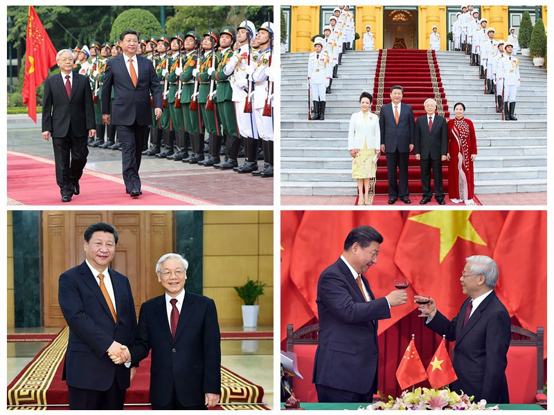 11月5日，中共中央總書記、國家主席習近平在河內(nèi)同越共中央總書記阮富仲舉行會談。會談前，習近平出席阮富仲在主席府廣場舉行的盛大歡迎儀式。會談后，兩國領導人共同見証雙邊合作文件的簽署。新華社記者 蘭紅光、李濤攝