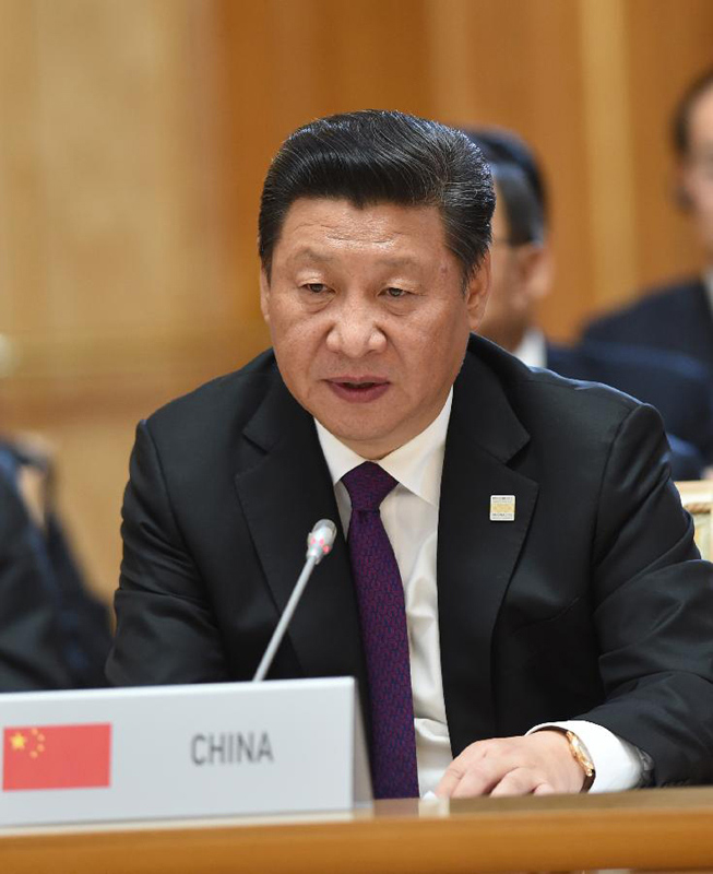 7月9日，金磚國(guó)家領(lǐng)導(dǎo)人第七次會(huì)晤在俄羅斯烏法舉行。中國(guó)國(guó)家主席習(xí)近平、俄羅斯總統(tǒng)普京、巴西總統(tǒng)羅塞夫、印度總理莫迪、南非總統(tǒng)祖馬出席。這是習(xí)近平發(fā)表題為《共建伙伴關(guān)系　共創(chuàng)美好未來》的主旨講話。新華社記者 饒愛民 攝