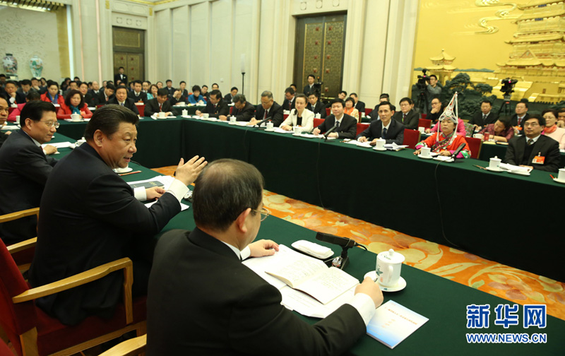 3月6日，中共中央總書記、國家主席、中央軍委主席習(xí)近平參加十二屆全國人大三次會議江西代表團的審議。 新華社記者蘭紅光攝