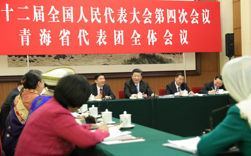 3月10日，中共中央總書記、國家主席、中央軍委主席習近平參加十二屆全國人大四次會議青海代表團的審議。新華社記者 黃敬文 攝