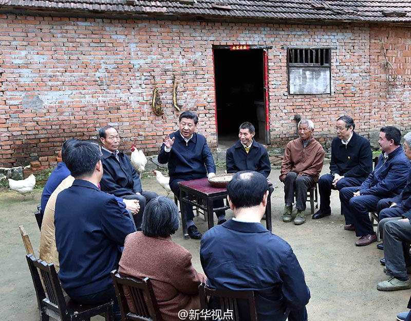 安徽省花石鄉(xiāng)大灣村，在村民陳澤申的小院裡，習近平總書記同鄉(xiāng)親們圍坐在一起拉家常。