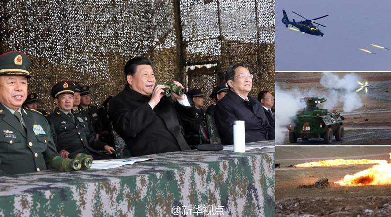 2014年4月29日下午，習(xí)近平到烏魯木齊市郊的新疆軍區(qū)綜合訓(xùn)練場，觀摩部分火器實彈射擊等部隊實戰(zhàn)化訓(xùn)練課目演示。（記者 曹智 李剛）