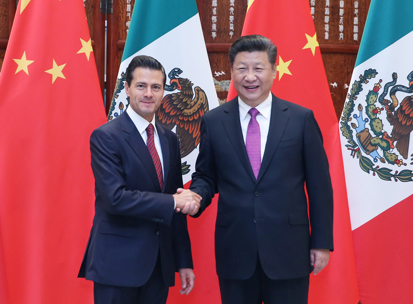 9月4日，國(guó)家主席習(xí)近平在杭州會(huì)見(jiàn)在華出席二十國(guó)集團(tuán)領(lǐng)導(dǎo)人杭州峰會(huì)的墨西哥總統(tǒng)培尼亞。新華社記者 姚大偉攝