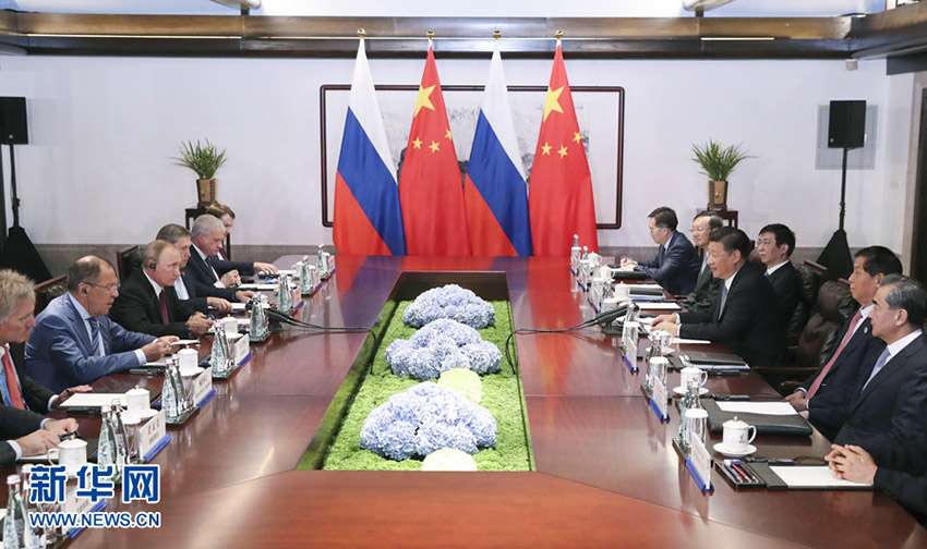 9月3日，國家主席習近平在廈門會見來華出席金磚國家領導人第九次會晤和新興市場國家與發(fā)展中國家對話會的俄羅斯總統(tǒng)普京。 新華社記者 龐興雷 攝