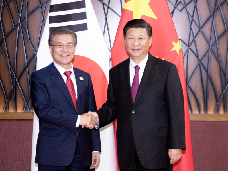 11月11日，國家主席習(xí)近平在越南峴港會見韓國總統(tǒng)文在寅。新華社記者 丁林 攝