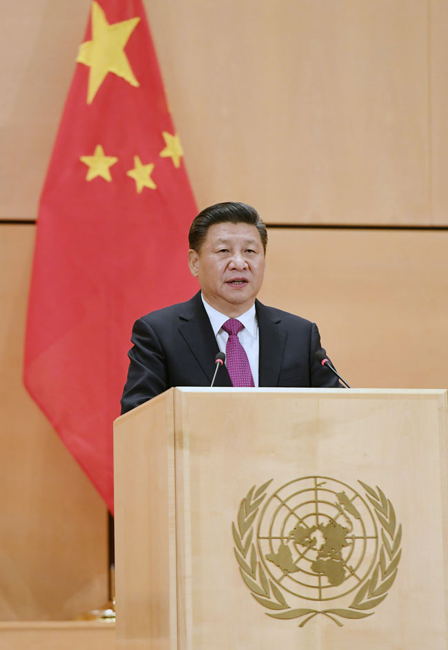 1月18日，國家主席習(xí)近平在瑞士日內(nèi)瓦萬國宮出席“共商共筑人類命運共同體”高級別會議，並發(fā)表題為《共同構(gòu)建人類命運共同體》的主旨演講。新華社記者 饒愛民 攝