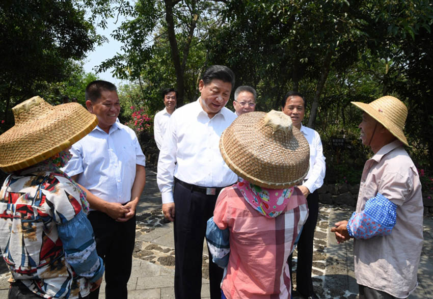 4月11日至13日，中共中央總書記、國家主席、中央軍委主席習(xí)近平在海南考察。這是4月13日上午，習(xí)近平在?？谑行阌^(qū)石山鎮(zhèn)施茶村考察時，同村民親切交談。新華社記者 李學(xué)仁 攝