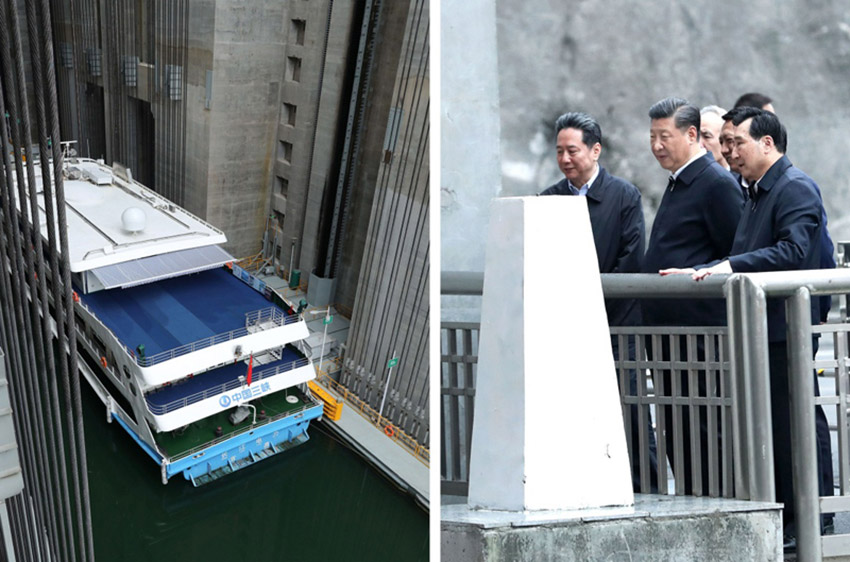 4月24日下午，中共中央總書記、國家主席、中央軍委主席習近平來到三峽大壩，詳細了解三峽工程建設、發(fā)電、水利、通航、生態(tài)保護等方面的情況。這是習近平在察看升船機運行情況（拼版照片）。新華社記者 龐興雷 攝