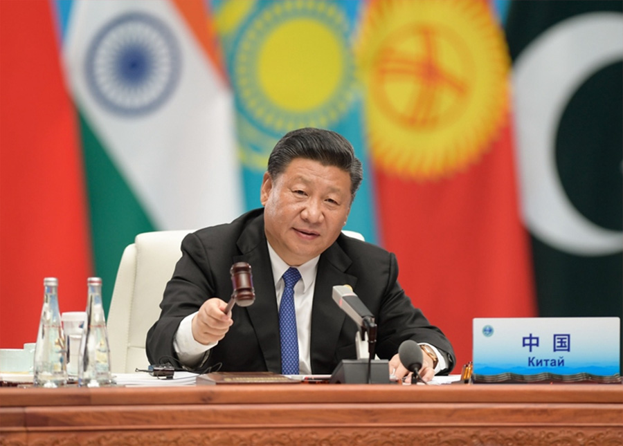 6月10日，上海合作組織成員國元首理事會第十八次會議在青島國際會議中心舉行。國家主席習(xí)近平主持會議並發(fā)表重要講話。 新華社記者李學(xué)仁攝