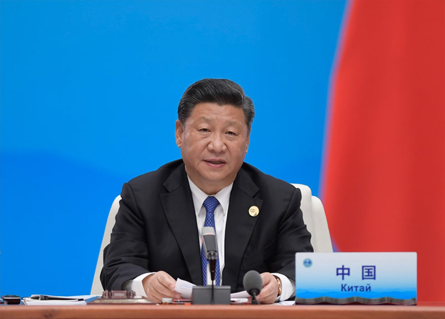 6月10日，上海合作組織成員國元首理事會第十八次會議在青島國際會議中心舉行。國家主席習近平主持會議並發(fā)表重要講話。 新華社記者李學仁攝