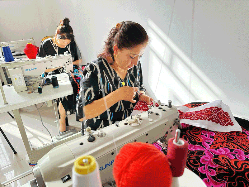 在兵團(tuán)第三師托云牧場(chǎng)，刺繡合作社社員正在工作。人民網(wǎng)記者 楊睿攝
