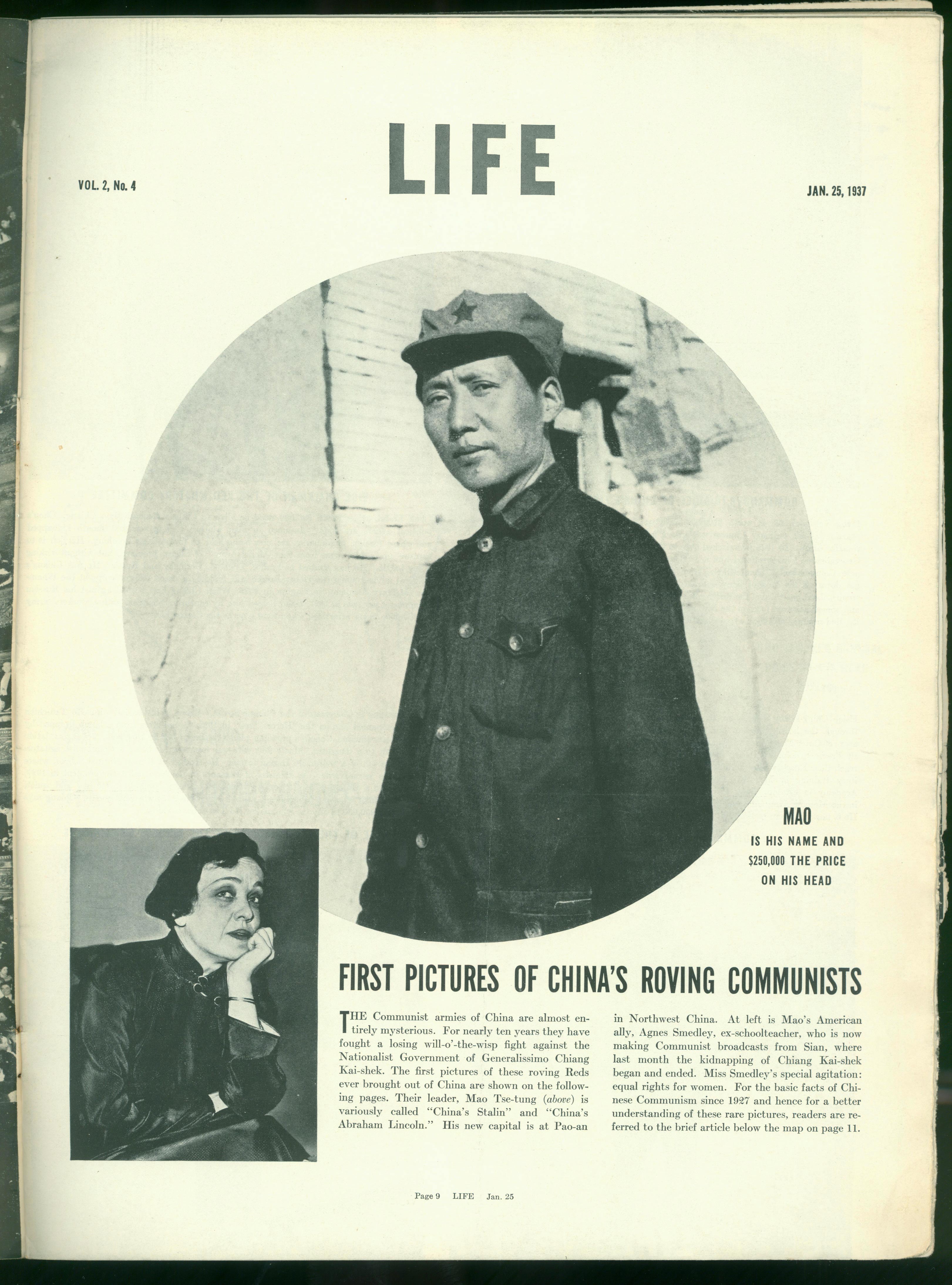 1937年1月25日，美國《生活》周刊刊登毛澤東照片，照片右下方寫著一行字：“毛，這是他的名字，他的人頭價值25萬元?！?></p>
<p style=
