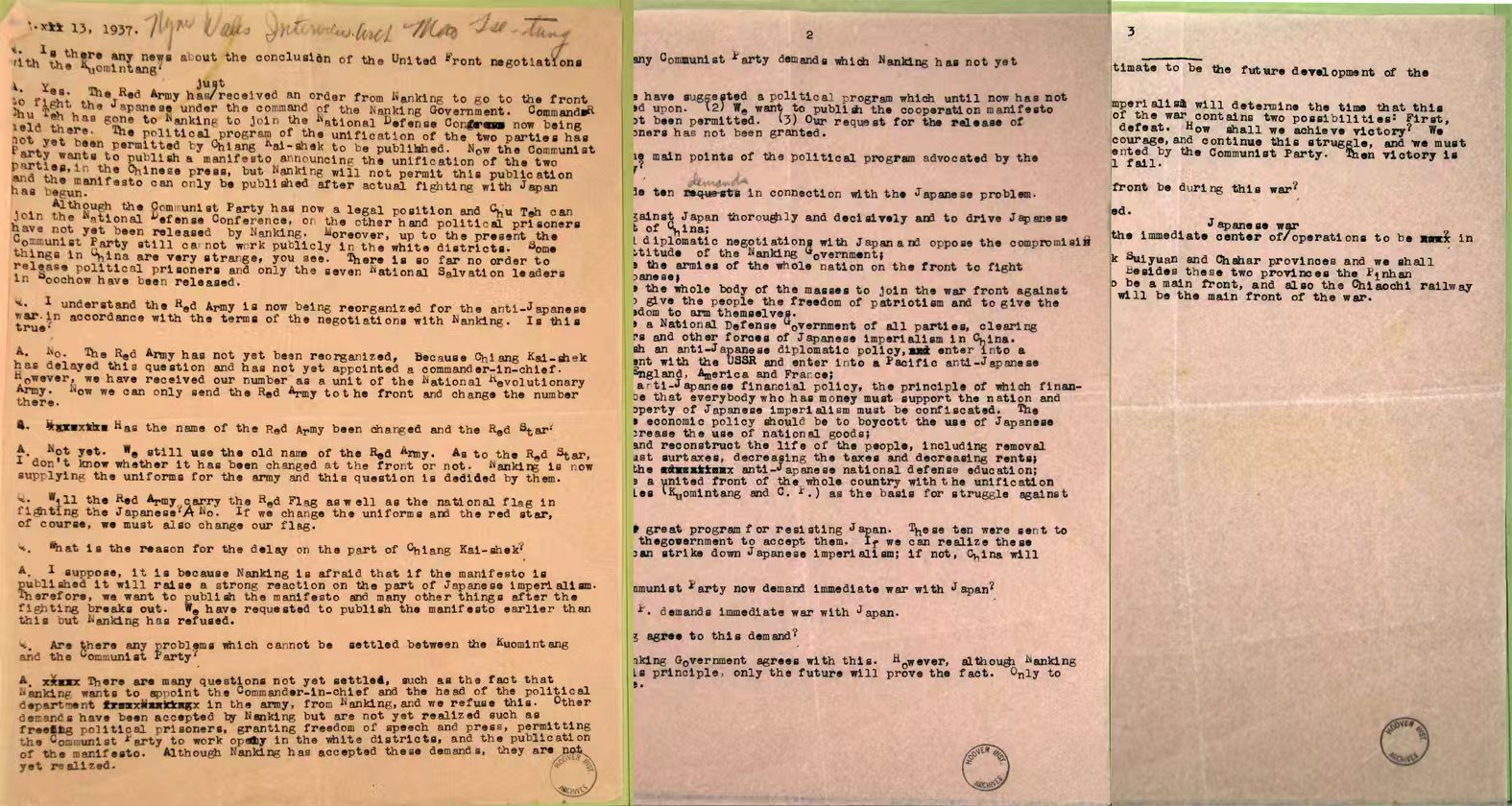 1937年8月13日海倫·福斯特采訪毛澤東的記錄稿（原件藏于美國斯坦福大學(xué)胡佛研究所檔案館）